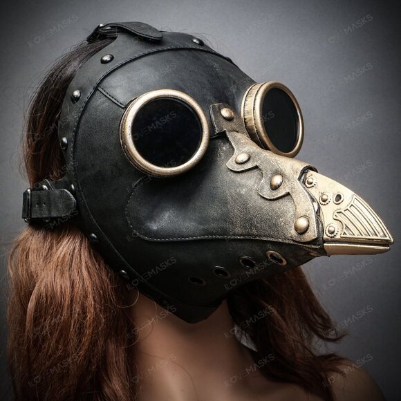 Black Steampunk Plague Doctor w/ GOLD Goggle Short Bird Beak Halloween Mask - Picture 6 of 6